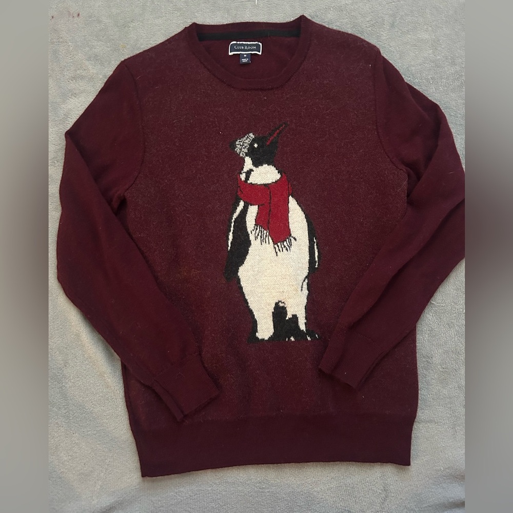 Club Room Merino Wool Blend Penguin Sweater Mens M Maroon Long Sleeve
